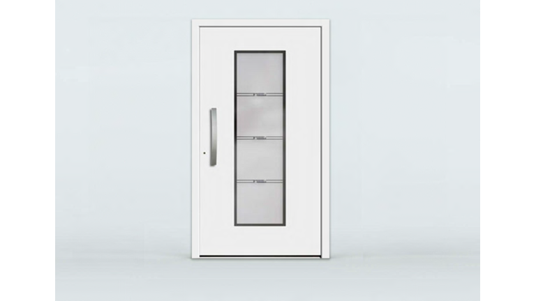 Vordere Ansicht Haustüre, weiß mit Glaselementen